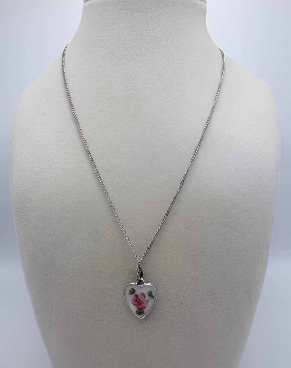 Wells Sterling Handpainted Heart Pendant on Vintage Sterling Chain